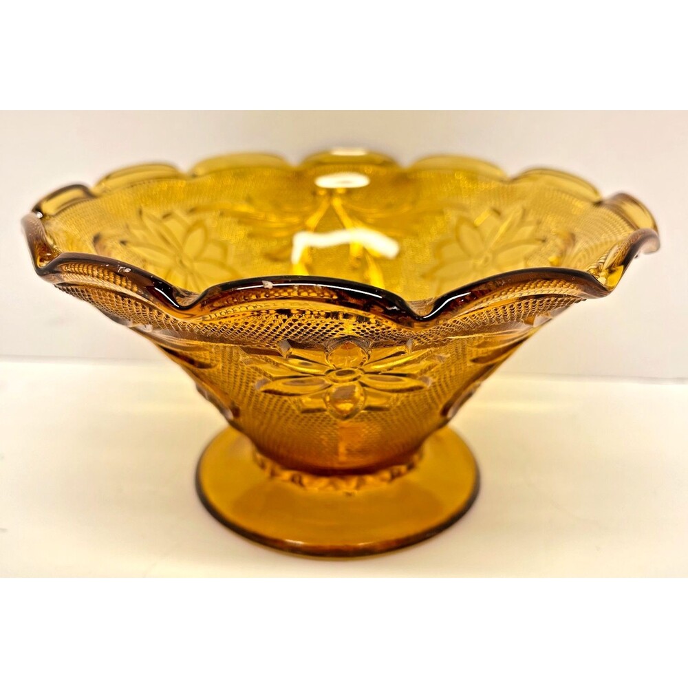 Vintage Tiara Indiana Glass Amber Sandwich Pattern Ruffled Pedestal Compote Bowl